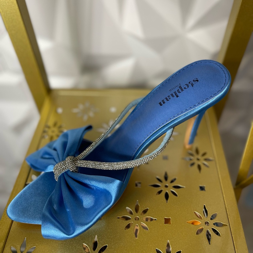 Blue Satin Heels with Bow and Rhinestones